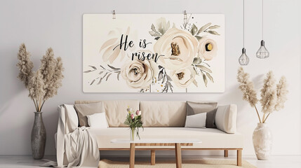 Poster with the inscription "He is risen" and flowers on the wall in a modern interior in beige tones. Easter Christian concept