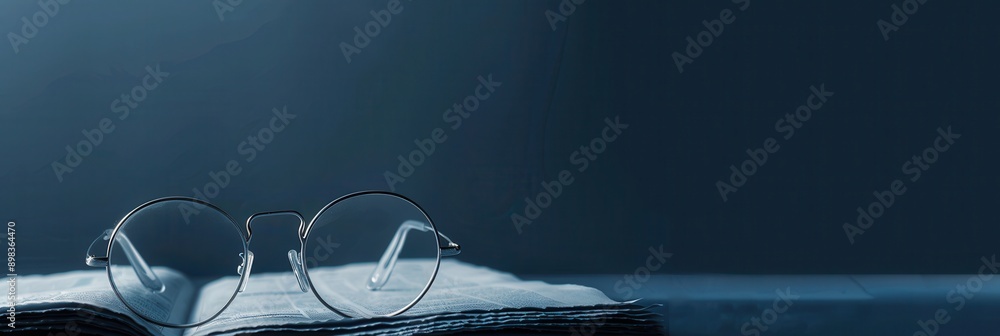 Leinwandbilder round glasses rest on a slightly open book in soft, dim light. generative ai