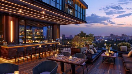 modern villa with a beautiful view, a large terrace with a bar with led lighting. Generated by AI