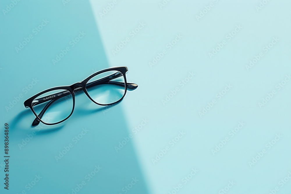 Aufkleber Black rectangular eyeglasses with clear lenses on a light blue background, slightly askew with the right lens facing the camera, shot from a high angle. Generative AI