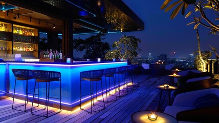 modern villa with a beautiful view, a large terrace with a bar with led lighting. Generated by AI