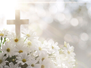 White background with cross and flowers with space for text. For Christian religious publications