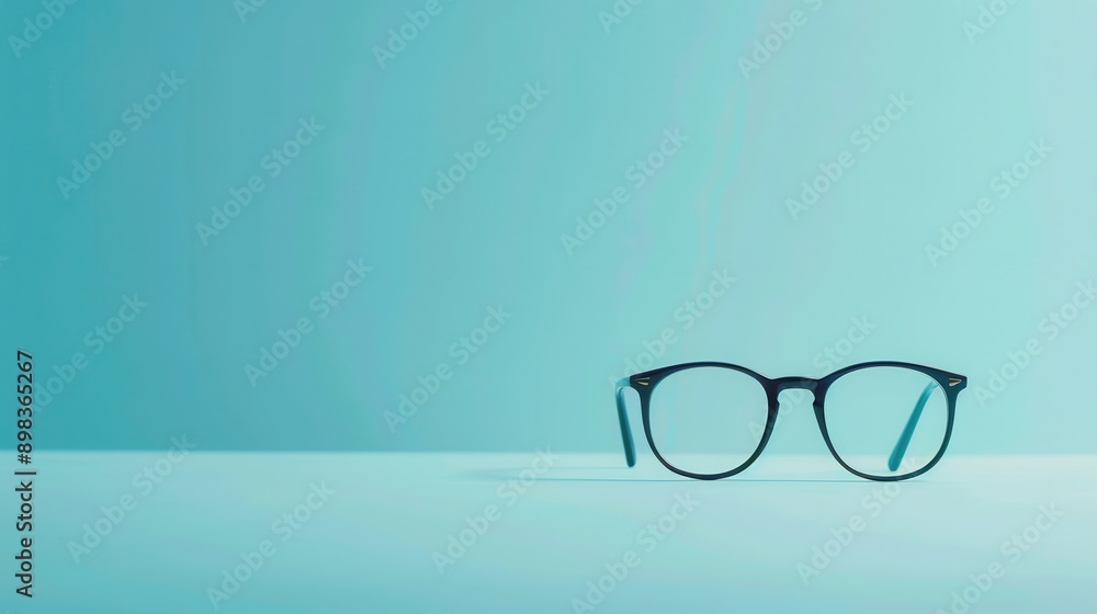 Aufkleber a pair of black eyeglasses sits on a light blue surface. the glasses have a simple, round frame and 
