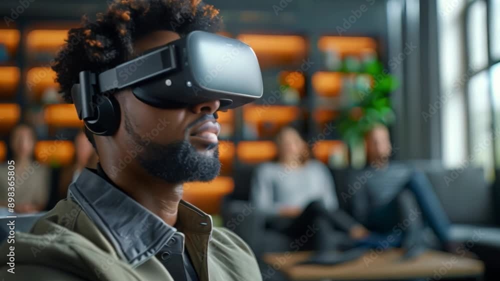 Poster a man wears a vr headset while sitting in a modern office setting. he appears to be practicing publi