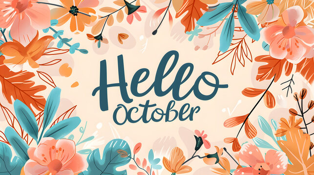 October month illustration background with pastel colors drawing with written Hello October to celebrate start of the month