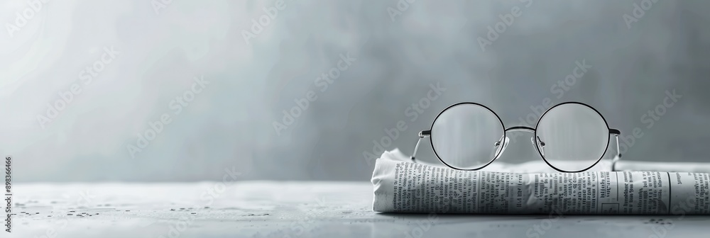 Leinwandbilder a pair of black round eyeglasses rest on a folded newspaper on a light gray surface. generative ai