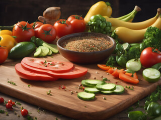Chopping board background with fresh ingredients