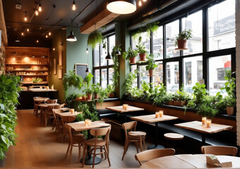 Cozy and inviting café interior with rustic wooden furniture and large windows allowing natural light to flood the space. The café features wooden tables and chairs, a row of high stools along the win