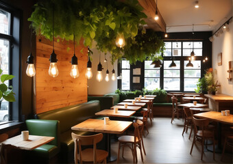 Fototapeta premium Cozy and inviting café interior with rustic wooden furniture and large windows allowing natural light to flood the space. The café features wooden tables and chairs, a row of high stools along the win