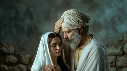 Obraz premium An old man, father, prophet, gives instructions to a young woman, daughter. Comforts in grief. Biblical ancient times, peoples of the Middle East. Joseph and Mary, Esther and Mordecai.