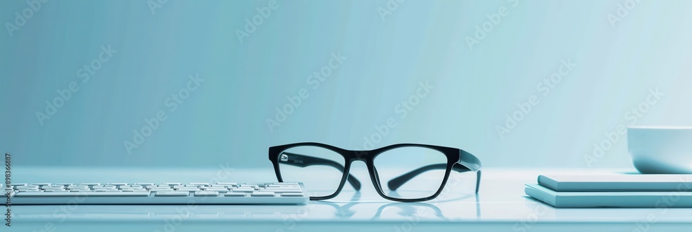 Aufkleber a pair of black framed glasses rests on a white keyboard on a desk. next to the glasses are two note