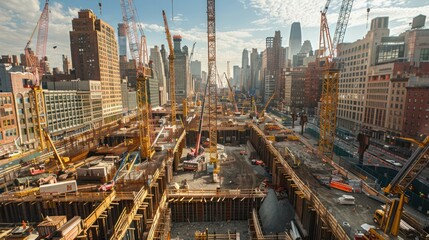 A large construction site with cranes and workers, representing the scale of building projects
