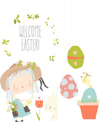 Vector Cartoon Easter illustration with girl, rabbit and easter eggs