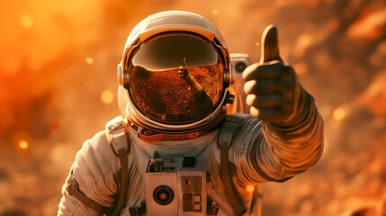 A man astronaut giving thumbs up. Man astronaut wearing space helmet and suit. Space travel and exploration. Mars exploration