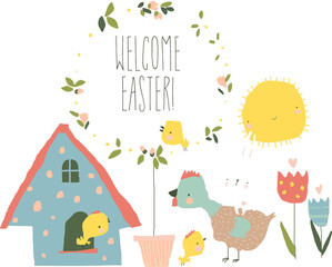 Naklejka premium Vector Cartoon Easter illustration with chicken and rabbit