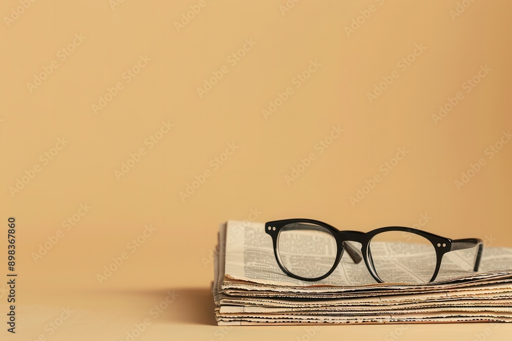 Aufkleber a stack of folded newspapers with black eyeglasses resting on top. the background is a plain beige c