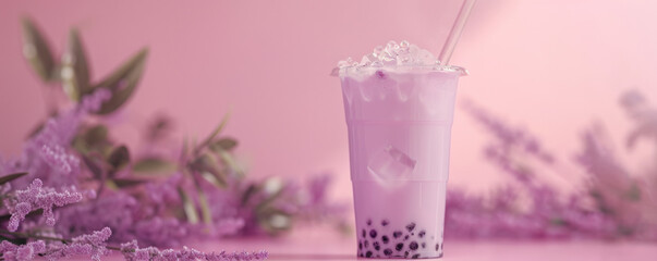 Fototapeta premium Mockup. Bubble tea on a light lavender background, creating a soothing and elegant atmosphere for your design.