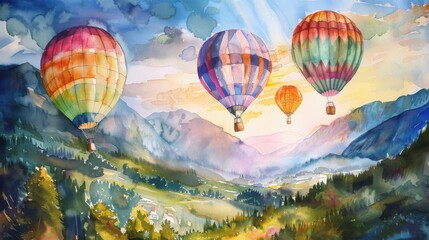 Obraz premium Serene Valley Skies - Colorful Watercolor Hot Air Balloons Painting Creating a Vibrant Cheerful Atmosphere