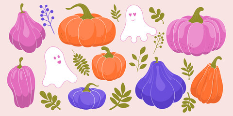 Set of colorful Halloween elements. Pumpkins of different shapes, cute loving ghosts, vegetation twigs and leaves. Vector. Bright purple and orange, pink trendy colors.