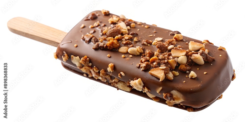 Poster cold ice cream with chocolate and nuts on a stick chocolate popsicle with nuts on a stick on a white