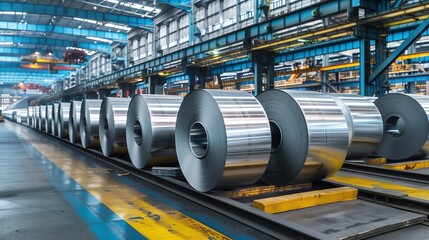 Large, industrial factory houses rows of aluminum coils on conveyor belt. Factory floor is clean and well-lit, indicating efficient and modern facility. Aluminium metal plate 