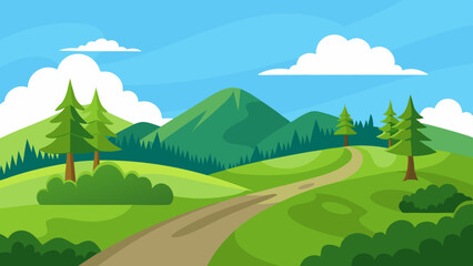 Fototapeta premium Beautiful nature landscape with green grass, hill, trees, and footpath vector illustration 