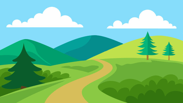 Beautiful nature landscape with green grass,  hill, trees, and footpath vector illustration 