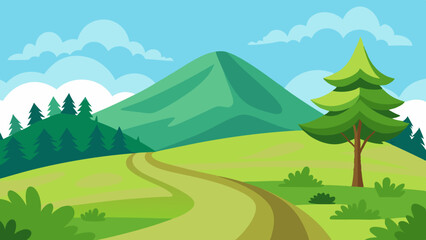 Beautiful nature landscape with green grass,  hill, trees, and footpath vector illustration 