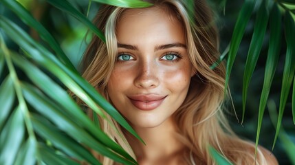 Naklejka premium Young woman with blonde hair smiles gently, her blue eyes looking towards the camera. She is framed by vibrant green tropical leaves