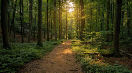 Sun-dappled footpath winds through emerald green woodland