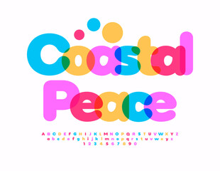 Vector playful logo Coastal Peace. Funny Colorful Font. Bright Alphabet Letters and Numbers set.