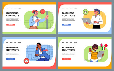 Business contacts landing page. Businessman communication. International call. Website design template. Phone talk. People with computers. Global deals. Online conversation. Vector web backgrounds set