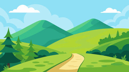 Beautiful nature landscape with green grass,  hill, trees, and footpath vector illustration 