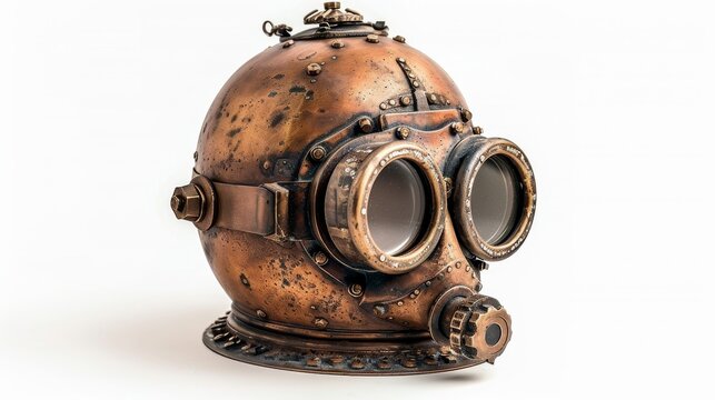Antique copper diving helmet is standing on a white background, showing gears and rivets