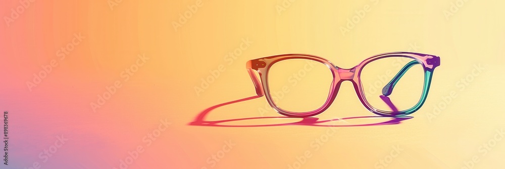 Fototapete a pair of colorful eyeglasses with a rainbow gradient frame sits on a yellow and orange background. 