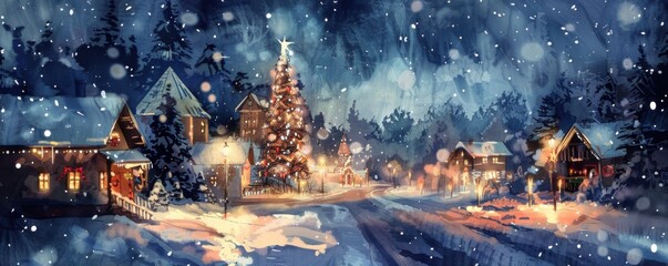 Obraz premium Winter Wonderland: Cozy Festive Village Watercolor Painting with Holiday Lights
