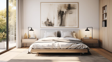 Elegant Bedroom With Large Windows Wooden Furniture And Soft Lighting
