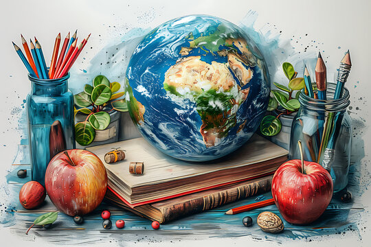 Education frame of classroom essentials in watercolor ,education doodle element hand drawn