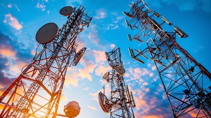 Telecommunication network infrastructure displayed with cell towers fiber optic cables and satellite communication in a setting of advanced communication technology