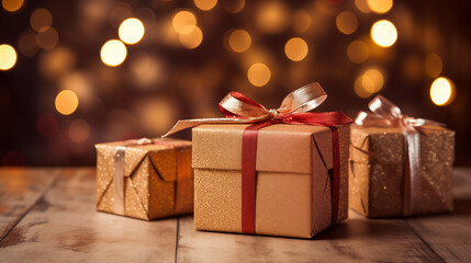 Elegant Golden Gift Boxes With Red Ribbons On A Wooden Table With Festive Bokeh Background