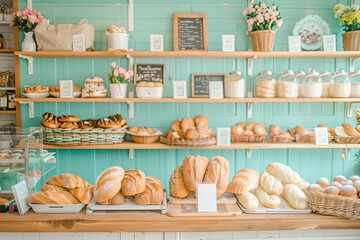 A photo of A cozy bakery interior with rustic wooden shelves filled with freshly baked bread and pastries, and a charming display counter