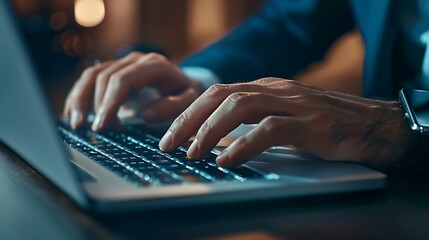 Focused Professional Typing on a Laptop Keyboard in a Modern Office Environment