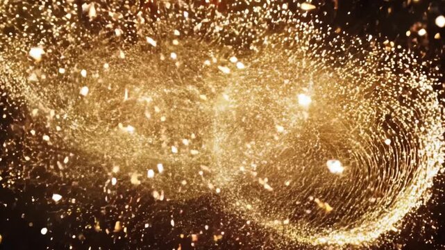 Happy new year 2025 golden numbers on dark background. A swirling vortex of golden light shine particles gradually forming the "2025" text. Happy New Year 2025 card design.