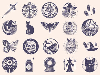 Set of mystical symbols, moon phases, crystals, witchy hands, crystal balls, wolf, mushroom, poison, celestial tattoo silhouette