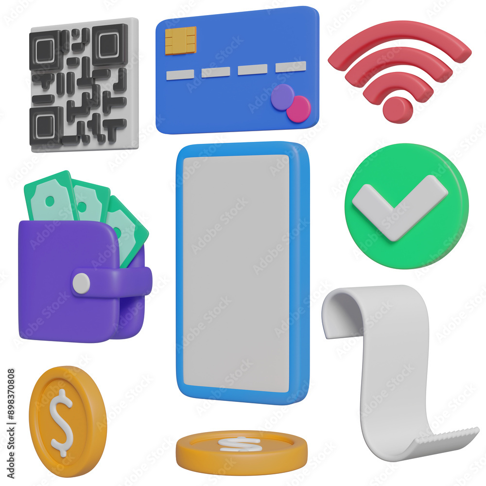 Poster 3d render showcasing a comprehensive set of payment icons. this image includes a smartphone, coins, 