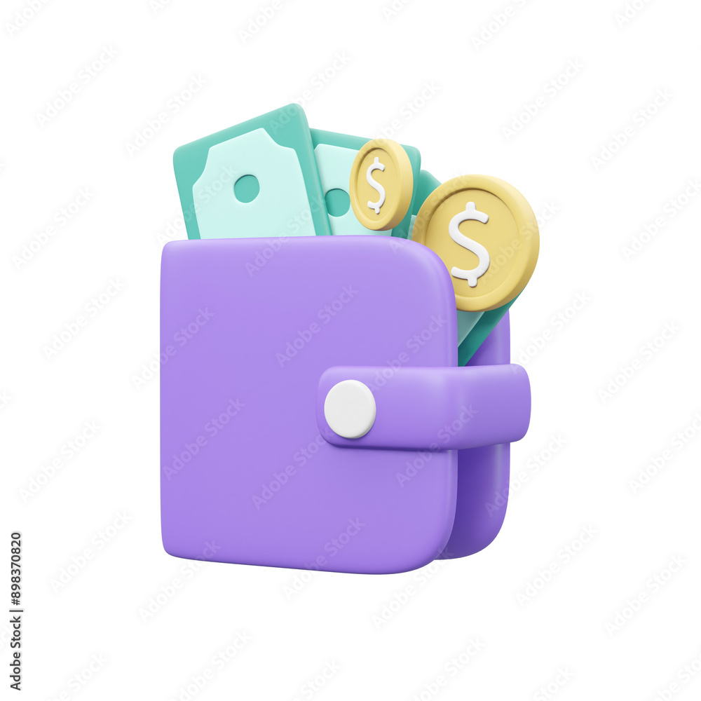 Aufkleber 3d render showing wallet, banknote and coin icons isolated on transparent background. concept of int