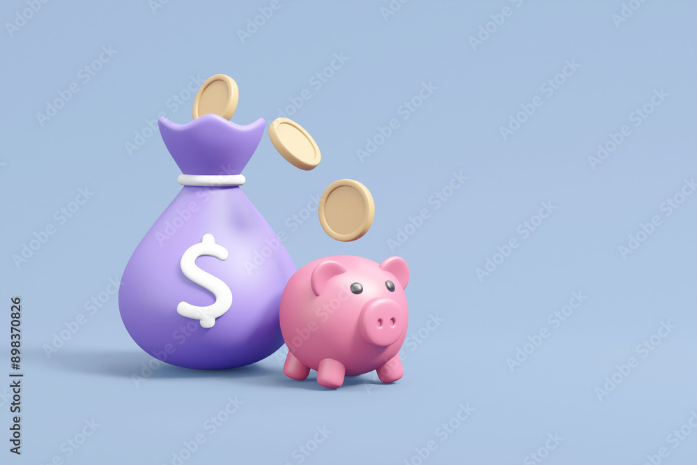 Poster 3d render featuring a floating money bag, piggy bank, and coins, symbolizing the various methods of 