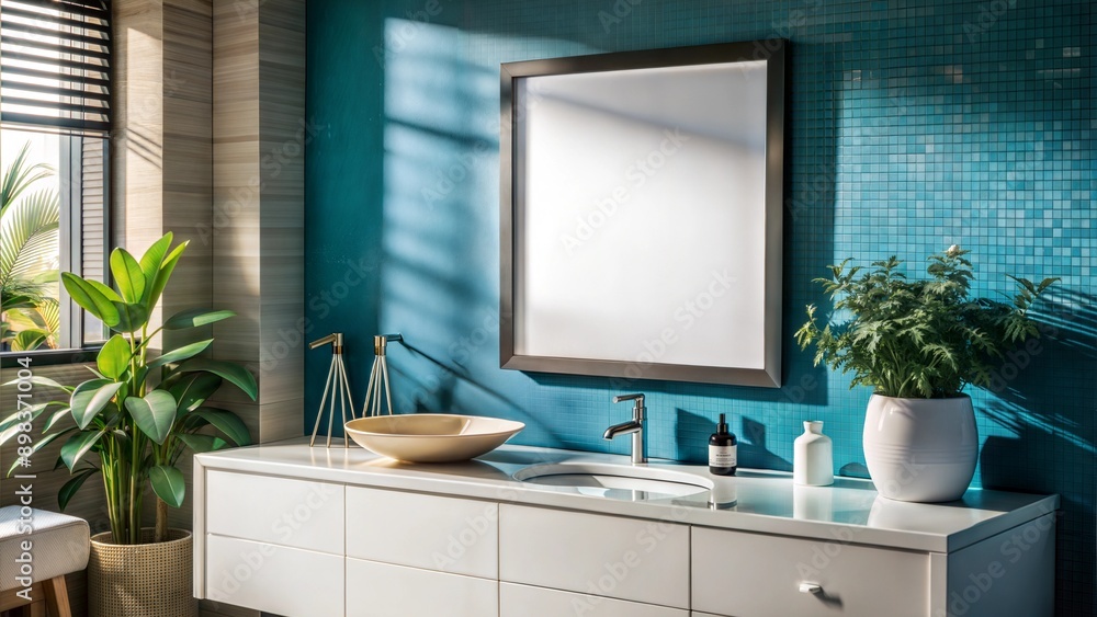 Poster clean lines - a simple, frameless mirror above a minimalist vanity. empty white mock up poster frame