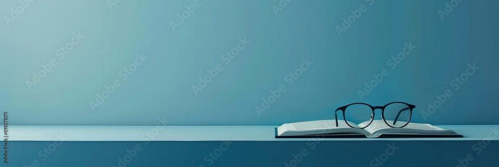 Poster a book lies open on a shelf, with a pair of glasses resting on top. the background is a light blue w