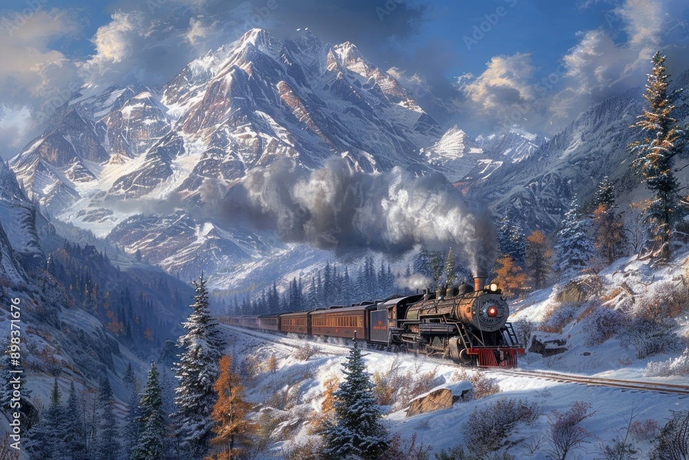 Poster Old steam train snow landscape mountain.